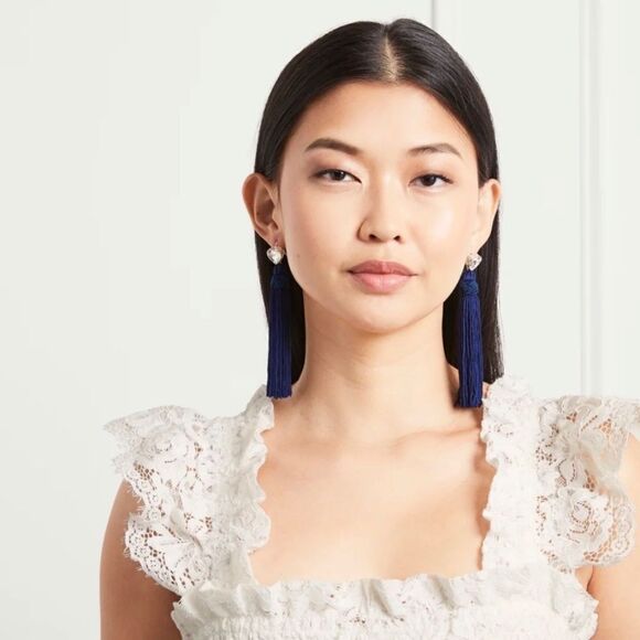 Hill House Navy Tassel Heart Earrings - Picture 6 of 8